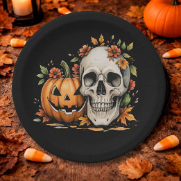 Skull and Pumpkin Art Paper Plates