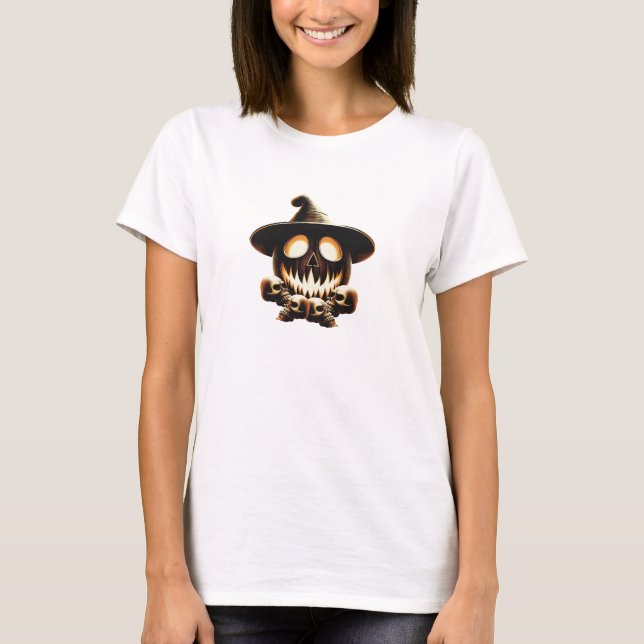 Skull and Pumpkin Halloween Design - Spooky and Fe T-Shirt (Front)