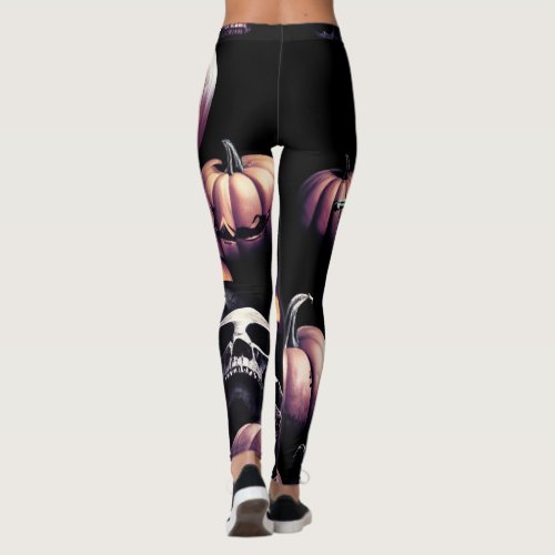 Skull and pumpkins Halloween theme dark color Leggings