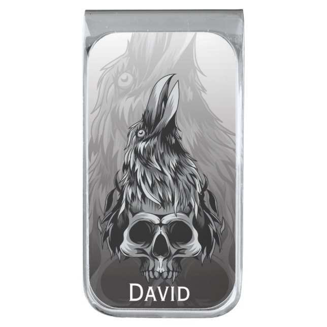 Skull and Raven Silver Finish Money Clip (Front Vertical)