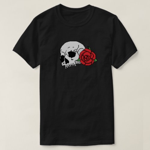 Skull and red rose pixel art halloween T_Shirt