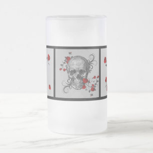 Skull And Red Roses Frosted Glass Beer Mug