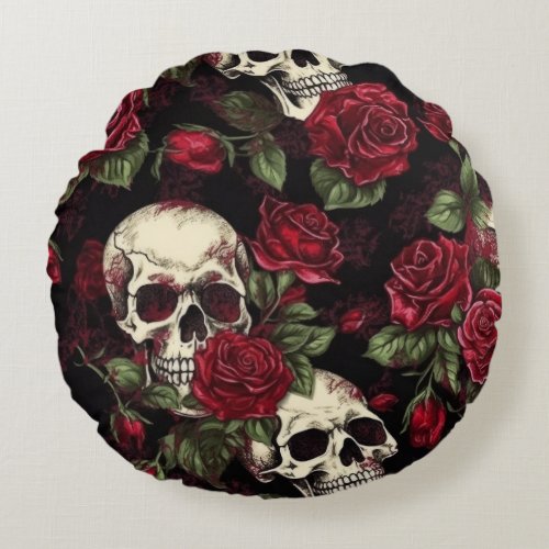 Skull And Red Roses Gothic Floral Round Pillow