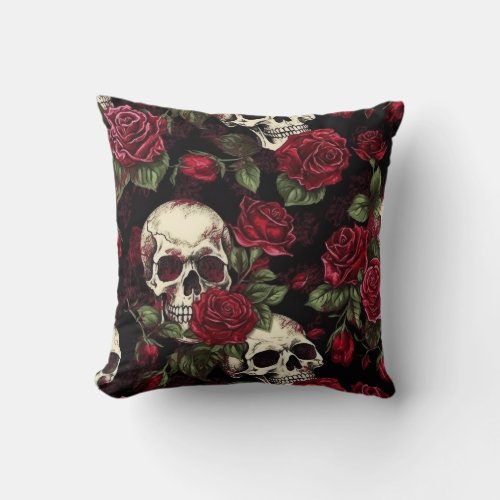 Skull And Red Roses Gothic Floral Throw Pillow
