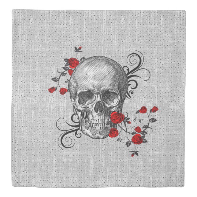 Skull And Red Roses Gothic Sketch  Duvet Cover (Front)