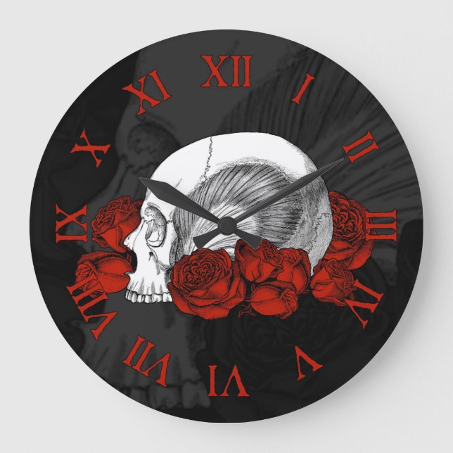 Skull And Red Roses Large Clock (Front)