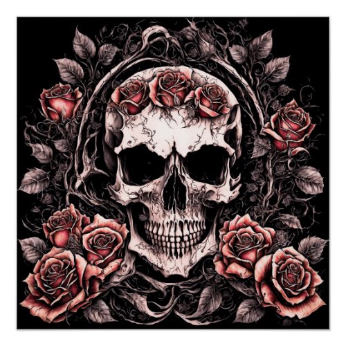 skull and roses AI artwork Poster