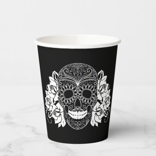 Skull And Roses Black And White Day Of The Dead Paper Cups