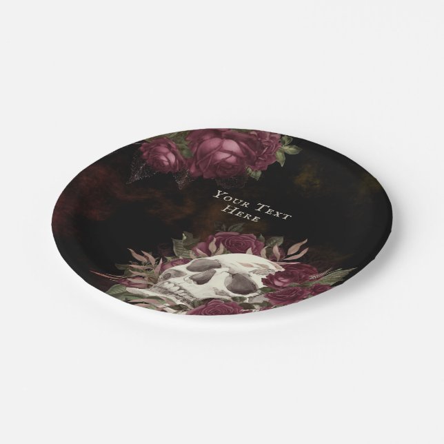 Skull and Roses Burgundy Black Grunge Personalized Paper Plates (Angled)