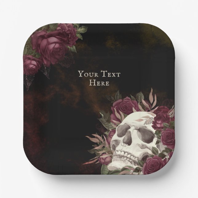 Skull and Roses Burgundy Black Grunge Personalized Paper Plates (Front)