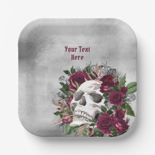 Skull and Roses Burgundy Maroon Gray Personalized Paper Plates