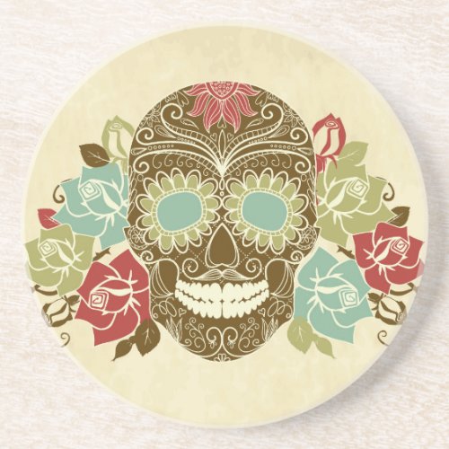 Skull And Roses Colorful Day Of The Dead Card 2 Drink Coaster