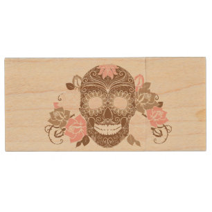 Skull And Roses, Colorful Day Of The Dead Card Wood USB Flash Drive