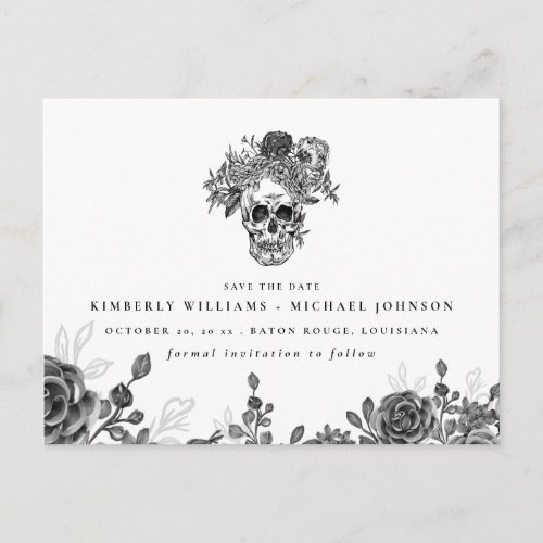 Skull and Roses Halloween Save the Date Announcement Postcard
