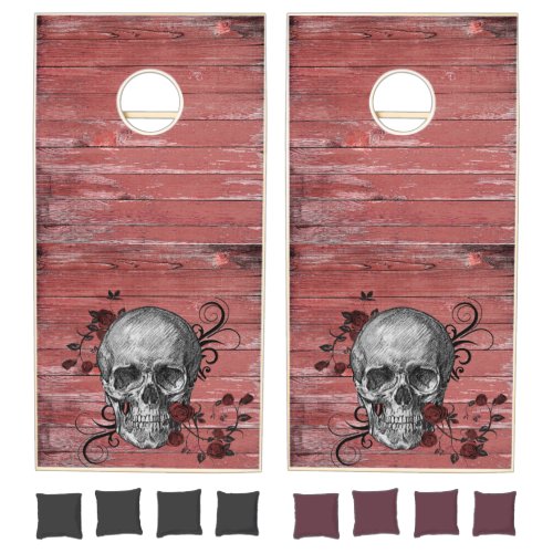 Skull And Roses On Rustic Red Barn Wood Cornhole Set