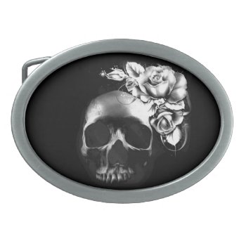 Skull And Roses Oval Belt Buckle by deemac2 at Zazzle