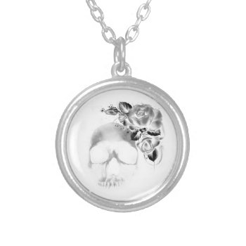 Skull And Roses Silver Plated Necklace by deemac2 at Zazzle
