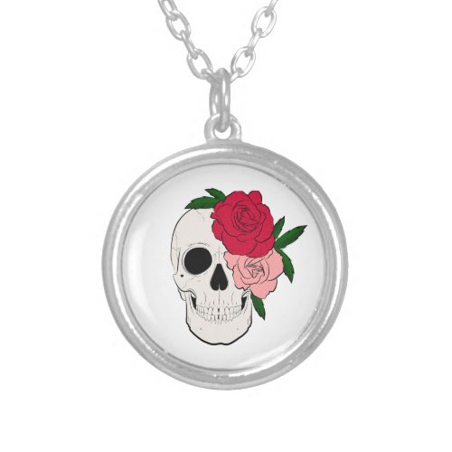 Skull and Roses Silver Plated Necklace