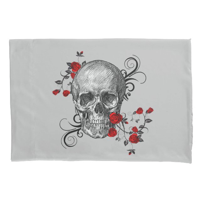 Skull And Roses Sketch Reverses to Stripes Pillow Case (Front-Left)