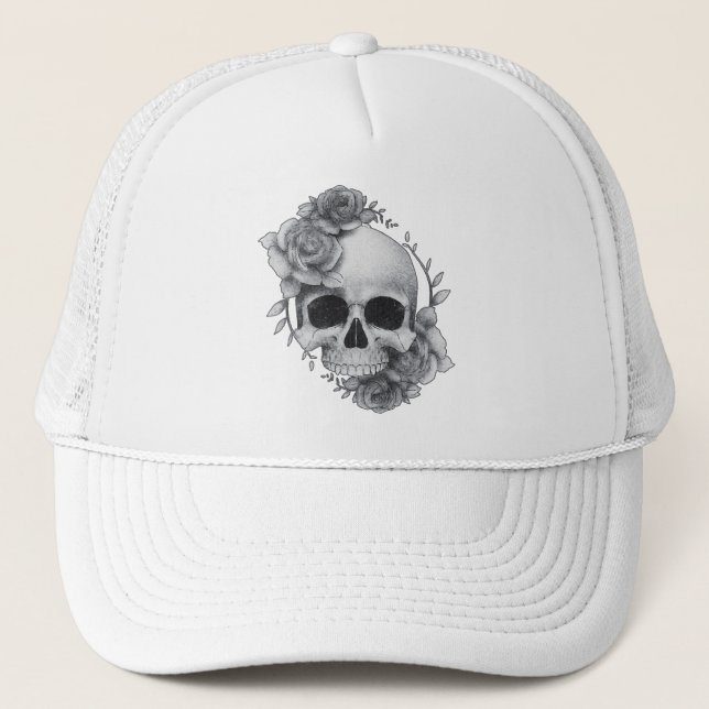 Skull and Roses Sketch Trucker Hat (Front)