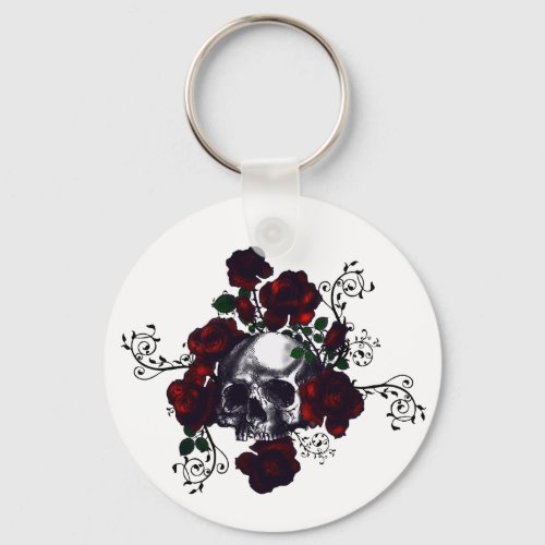 Skull and Roses Tattoo Style Goth Art Keychain