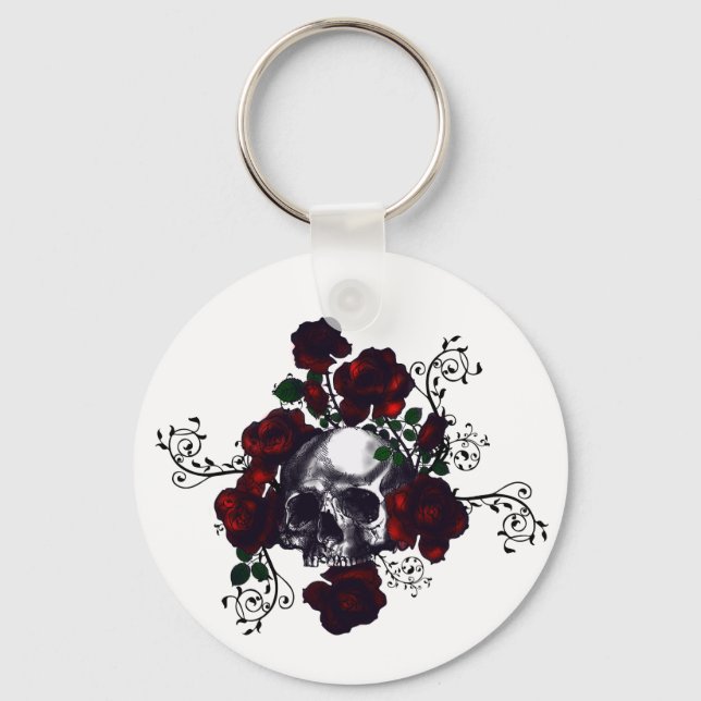 Skull and Roses Tattoo Style Goth Art Keychain (Front)