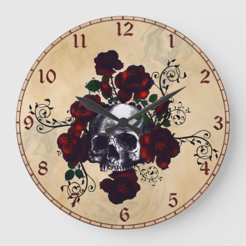 Skull and Roses Tattoo Style Goth Art Large Clock