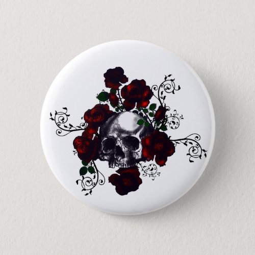 Skull and Roses Tattoo Style Goth Art Pinback Button