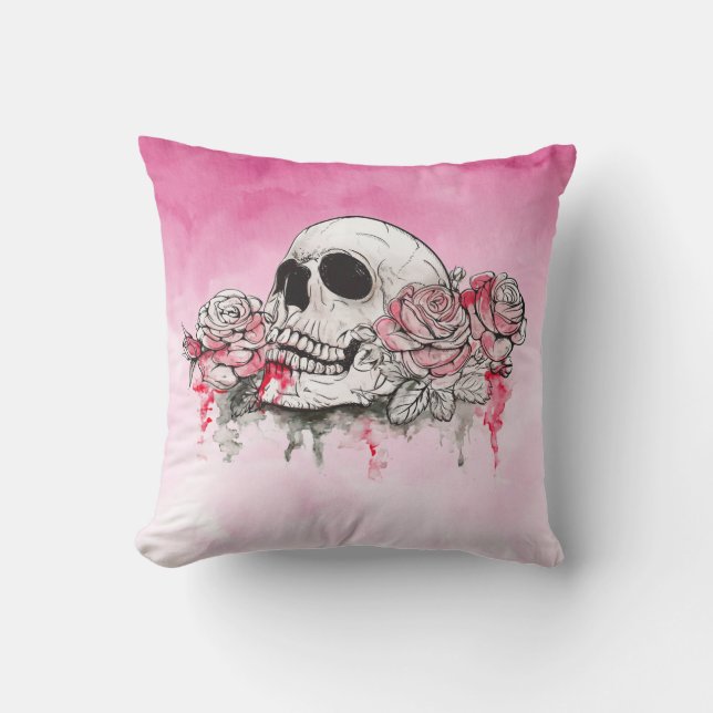 Skull and Roses Throw Pillow (Front)