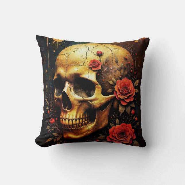 Skull and Roses Throw Pillow (Front)