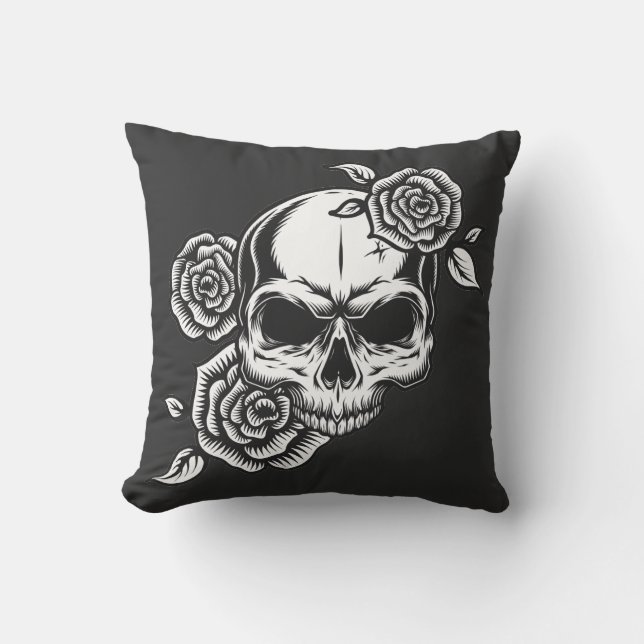 Skull and Roses Throw Pillow (Front)