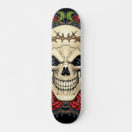 Skull and Roses with Crown Of Thorns by Al Rio Skateboard