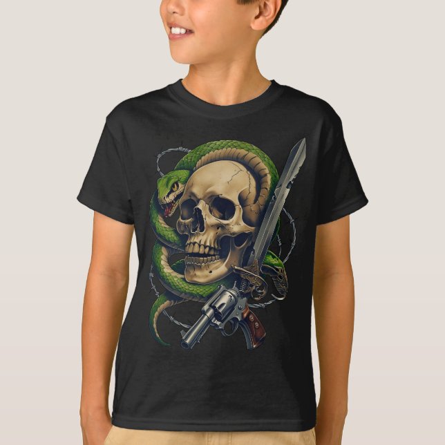 Skull and Snake Warrior - Dark Gothic Gunslinger  T-Shirt (Front)