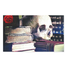 Skull and spell book on gifts, clothing, and cards