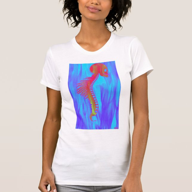 Skull and Spine With Tribal Barbs-Indiglo Marbled T-Shirt (Front)