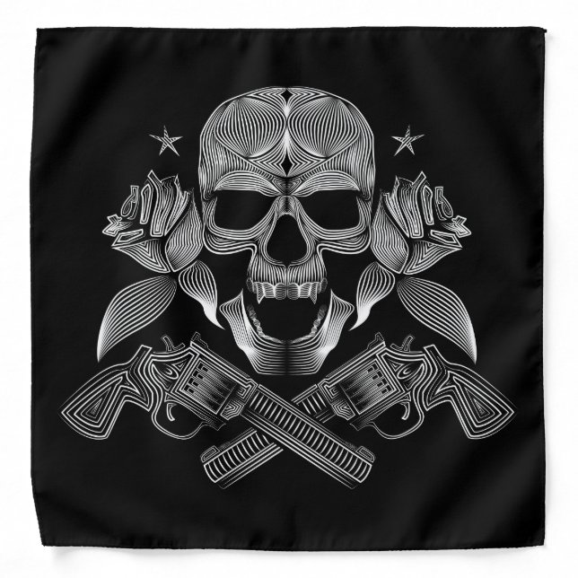 Skull and Stars with Roses and Crossed Guns Bandana (Front)