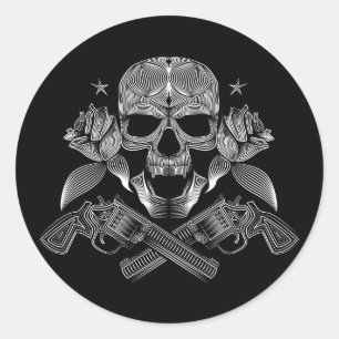 Skull and Stars with Roses and Crossed Guns Classic Round Sticker