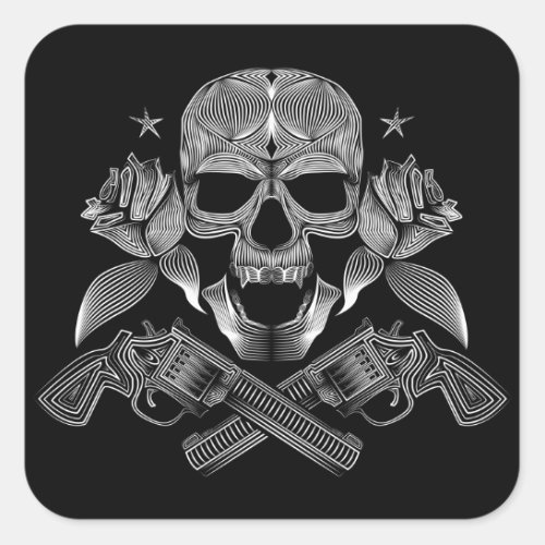 Skull and Stars with Roses and Crossed Guns Square Sticker