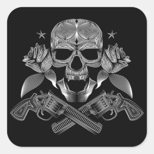 Skull and Stars with Roses and Crossed Guns Square Sticker