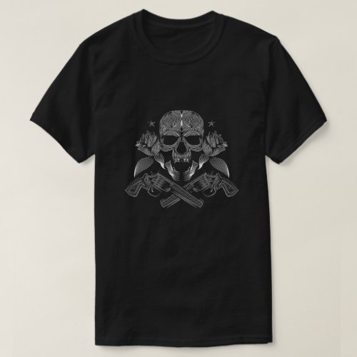 Skull and Stars with Roses and Crossed Guns T_Shirt