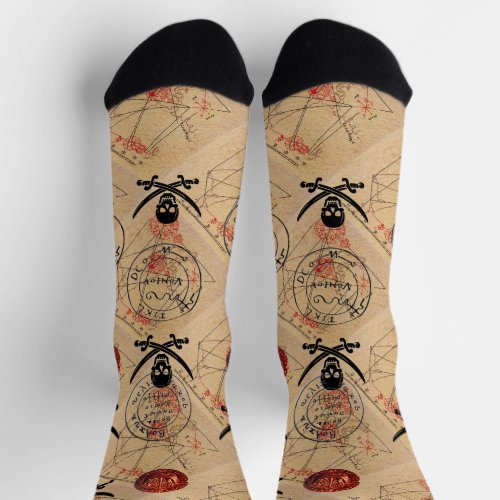 SKULL AND  SWORDS ,PIRATES TREASURE MAP PARCHMENT  SOCKS