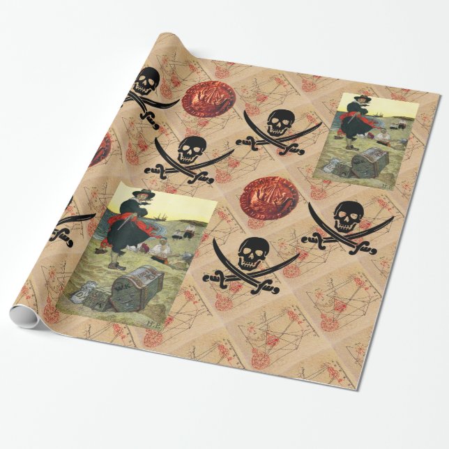 SKULL AND  SWORDS ,PIRATES TREASURE MAP PARCHMENT WRAPPING PAPER (Unrolled)