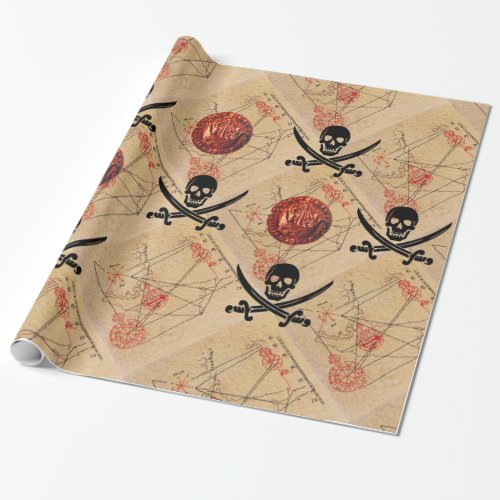 SKULL AND  SWORDS PIRATES TREASURE MAP PARCHMENT WRAPPING PAPER