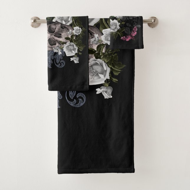 Skull and White Roses Bath Towel Set (Insitu)