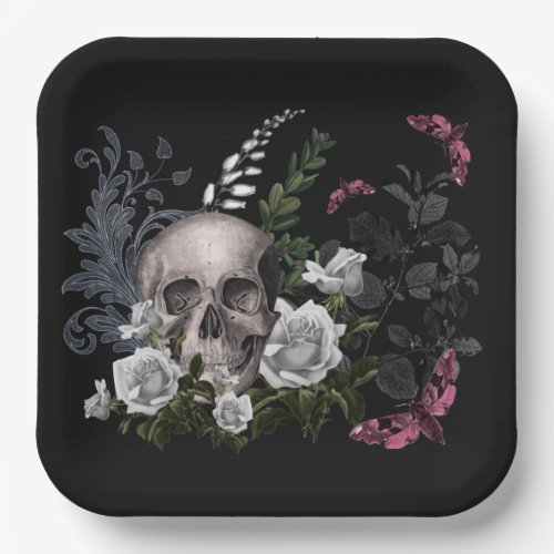 Skull and White Roses Paper Plates