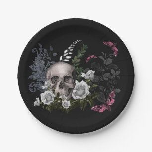 Skull and White Roses Paper Plates