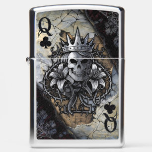 Skull Art Queen of Clubs - Gothic Playing Card Zippo Lighter