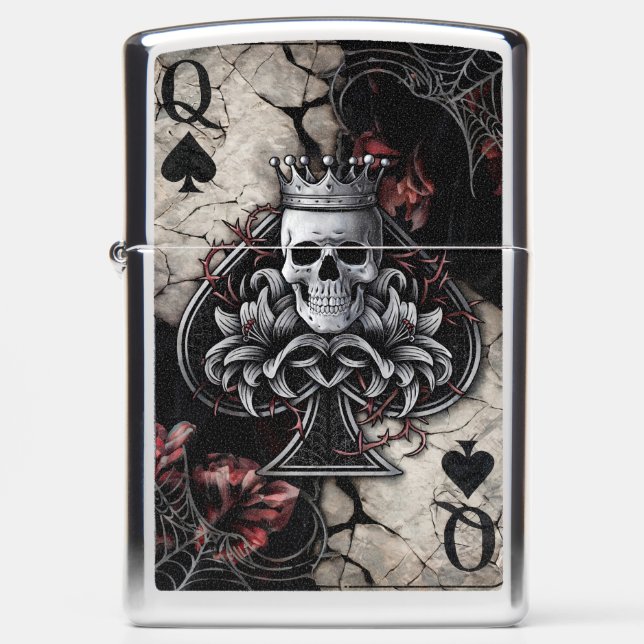 Skull Art Queen of Spades - Gothic Playing Card Zippo Lighter (Front)