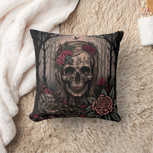 Skull Art with roses dark art design Throw Pillow