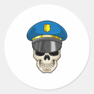 Skull as Police officer with Police hat Classic Round Sticker